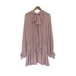 Zara Flowy‎ Mini Dress Size L Balloon Sleeve Pink Chiffon Tie Back Drop Waist